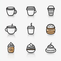 Coffee and desserts icon set featuring cups muffins and cookies