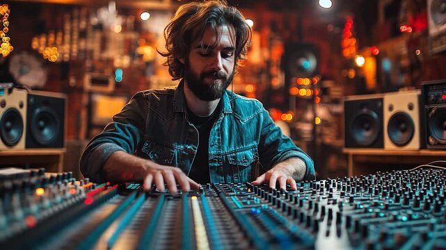 Music producer mixing sound in a vibrant studio filled with equipment