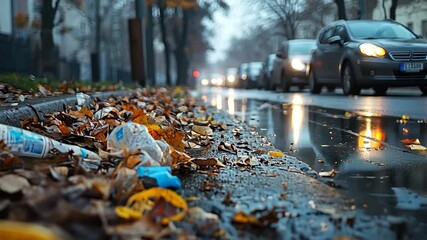 Rain-soaked street littered with colorful trash and autumn leaves - Powered by Adobe