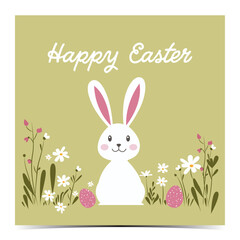 Happy Easter - cute Easter greeting card, cover, poster, label, flyer, banner with white bunny surrounded by spring flowers, light green background, vector illustration