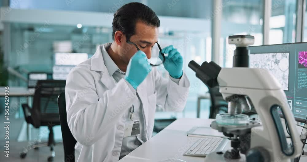 Poster microscope, man and scientist with petri dish in lab for dna research, study or project. biotechnolo
