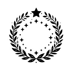 Fototapeta premium Elegant Monochrome Celestial Laurel Wreath with Star Embellishments: Minimalist Design on a White Background.