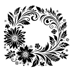 Elegant Black Floral Wreath: A symmetrical design of stylized flowers, leaves, and swirls against a white background, evoking timeless beauty.