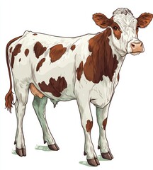 Fototapeta premium A cute cow standing in profile with entire body visible against a white background with clean lines and colorful illustration