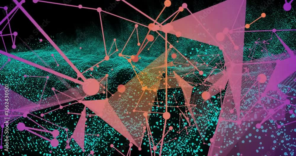 Poster animation of colorful geometric shapes and lines creating digital network pattern