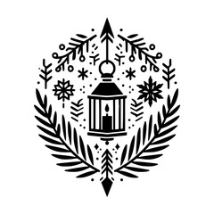 Winter's Embrace: A Festive Black and White Illustration featuring a Lantern, Snowflakes, and Botanical Elements in a Circular Arrangement.