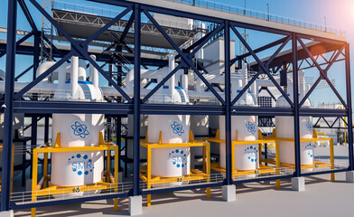 concept of a SMR small modular nuclear reactor power plant on a sunny day. SMR is a future energy concept. 3d rendering.