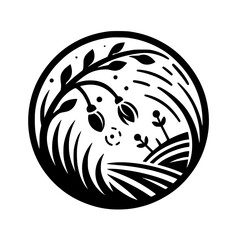 Circular Black and White Nature Illustration: Branch with Blooms, Fields, and Plants within a Circular Frame, a minimalistic and elegant design.