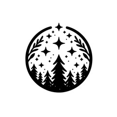 A stylized black and white circular design features a forest of trees under a starry sky, encircled by a decorative frame with sprigs.
