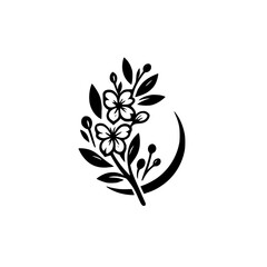 Elegant Black and White Floral Crest Featuring Blossoms, Leaves, Berries, and a Crescent on a Clean White Background.