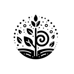 Stylized Black and White Illustration:  A minimalist design of a plant sprouting, encased in a circular frame of dots and organic shapes.
