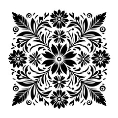 Fototapeta premium Intricate black floral design, symmetrical composition, featuring stylized blossoms, leaves, and swirling patterns, a striking contrast on a white background.