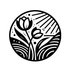 Stylized Black and White Circular Illustration of Tulips, Foliage, and Sunburst Details Within a Simple and Elegant Design