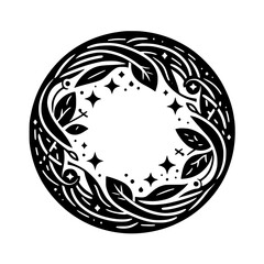 Intricate, stylized circular illustration of a black floral wreath with leaves, stars, and dots on a white background, resembling a celestial emblem.