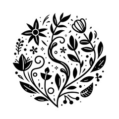 Circular black and white botanical illustration featuring stylized flowers, leaves, vines, and organic elements, exuding elegance and minimalistic charm.