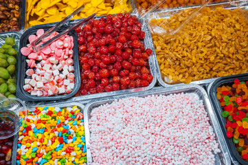 Colorful background of candies, jellies, marmalade and dried fruits