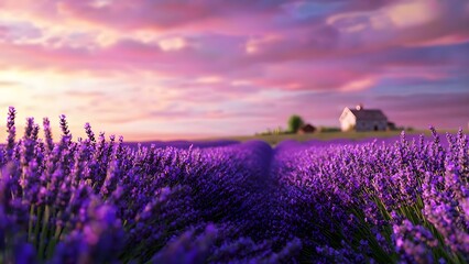 A vibrant lavender field stretches toward a distant farmhouse under a colorful sunset sky. Concept Lavender Field Photography, Sunset Landscapes, Farmhouse Backdrop, Colorful Skies, Nature's Serenity