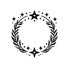 Elegant black and white circular wreath with stylized foliage, twinkling stars, and punctuated by geometric star shapes, conveying festive or celestial themes.