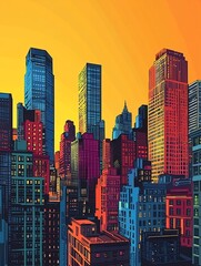 Obraz premium Vibrant city skyline at sunrise, urban landscape, architectural design, background for website or print