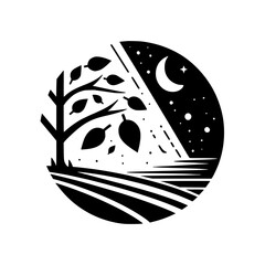 A Stylized Circle Design: Day and Night Split; Tree, Fields, Moon and Stars in a Black and White Minimalist Composition.