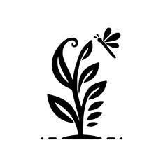 A minimalist illustration, rendered in black and white, showcasing a stylized plant with graceful leaves and a hovering dragonfly, set against a stark white backdrop.