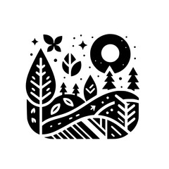 Stylized Black & White Illustration of a Peaceful Landscape Featuring Trees, Hills, Stars, and a Circular Sun.