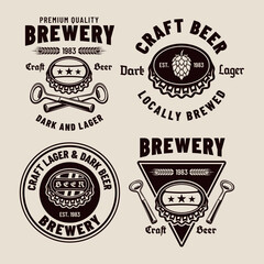 Beer and brewery set of vector emblems, labels, badges in monochrome vintage style isolated on light background