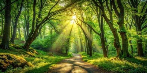 Obraz premium Sunlit Pathway Through a Lush Green Forest, Bathed in Golden Light, Trees Casting Shadows on a Winding Road