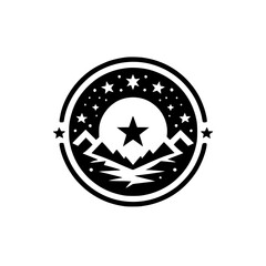 A minimalist black and white circular logo showcasing a stylized mountain range, a prominent central star, and starry night sky elements.