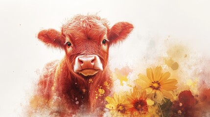 Double Exposure of Baby Highland Cow Surrounded by Colorful Wildflowers in a Natural Landscape