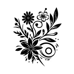 Elegant Black and White Floral Illustration: A Detailed Composition of Blooming Flowers, Leaves, and Decorative Swirls, in a Symmetrical Arrangement.