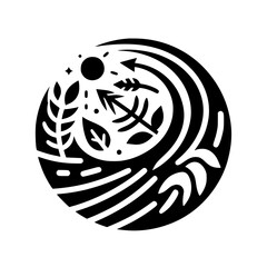Circular Emblem Depicting Nature's Elements: Sun, Plants, and Arrows, Enclosed Within a Wave-Like Black and White Composition.
