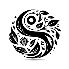 Yin-Yang Harmony: A Floral Interpretation, Featuring Leaves, Flowers, and Swirls in a Stylized Black and White Design, Evoking Balance and Nature.