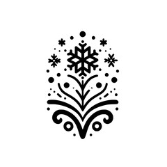 Minimalist Black and White Snowflake Arrangement: Decorative, symmetrical design featuring a central snowflake, floral-inspired elements, and dot accents against a pristine white backdrop.