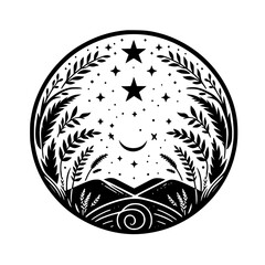 Celestial Landscape: A Monochrome Emblem Featuring a Crescent Moon, Starry Sky, and Mountainscape framed by Botanical Flourishes.