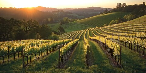 Fototapeta premium A beautiful vineyard bathed in warm sunlight during golden hour