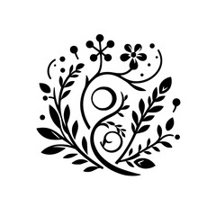 Elegant Black Floral Emblem with Leafy Branches, Flowers, Berries, and Delicate Swirls on a White Background.