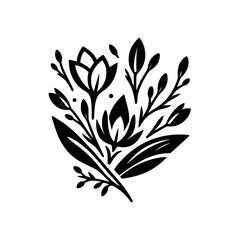 Bold Black and White Floral Arrangement: Minimalist Botanical Illustration Featuring Stylized Blossoms and Leaves.