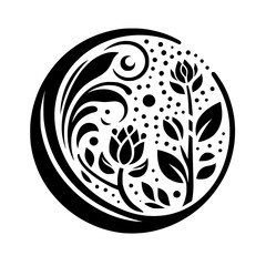 Intricate Black and White Floral Mandala Design Featuring Stylized Roses, Leaves, Swirls, and Dots Encased in a Circular Frame.