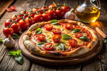 A fresh marinara pizza with a rich tomato sauce and aromatic herbs, placed on a rustic wooden table, designed in a commercial style to highlight its vibrant colors and appetizing texture