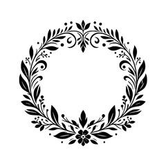 A symmetrical, black and white botanical wreath design, composed of stylized leaves, tendrils, and floral accents, forming an elegant, open circle on a white background.