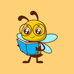 Cute bee holding book cartoon icon illustration	