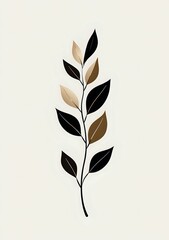 Minimalist botanical branch with alternating black and brown leaves on cream background, isolated design element for modern wall art and stationery projects.