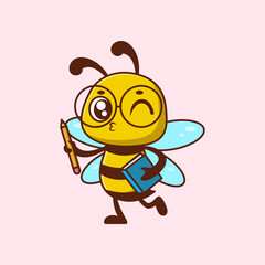 Cute bee holding pencil and book cartoon icon illustration	