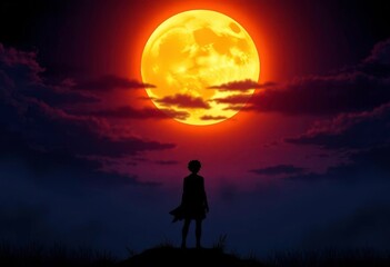 Silhouetted figure under a full moon, anime style, moonlit, stars