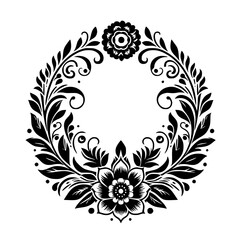 Elegant Black and White Floral Wreath Design Featuring Intricate Leaves, Flourishes, and Blooming Flowers, Perfect for Decorative Accents.