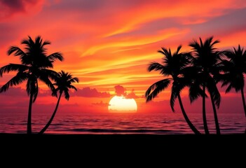Silhouetted palm trees reflect in tranquil sunset ocean, vibrant sky, panorama, rays