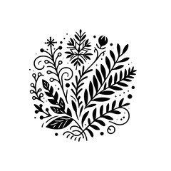 A detailed, symmetrical black and white illustration of a circular floral arrangement, featuring various leaf shapes, snowflake, and spiral elements on a clean white background.