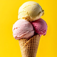 Colorful Ice Cream Cone with Triple Scoop Against Yellow Background