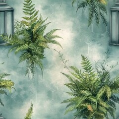 Vintage botanical wallpaper featuring ferns on a textured background.